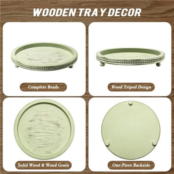 Wooden Beaded Round Tray Decorative Coffee Table Centerpiece Sage Farmhouse - Picture 5 of 6